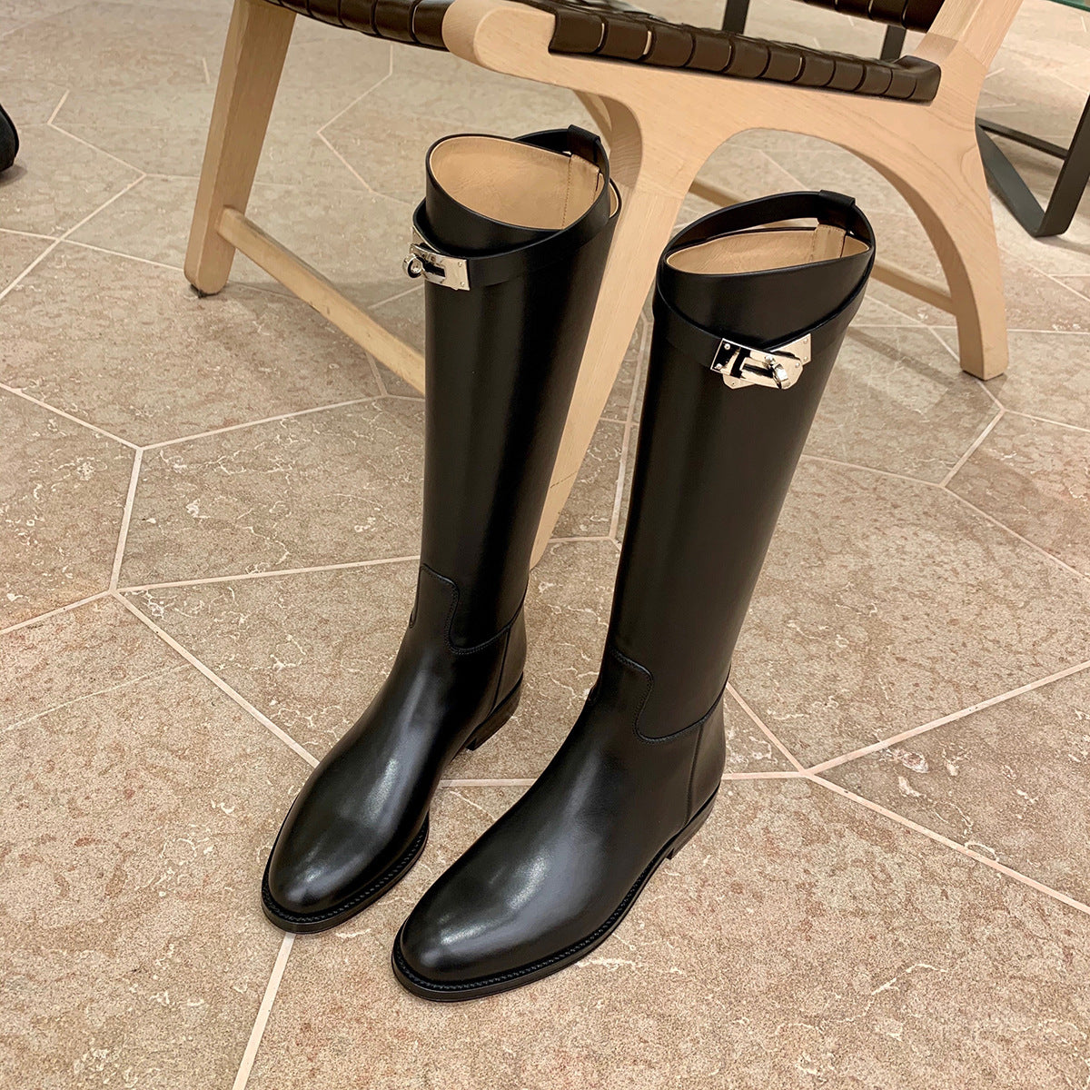 Round Toe Metal Buckle Boots
