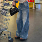 Womens High Waisted Wide Leg Denim Trousers